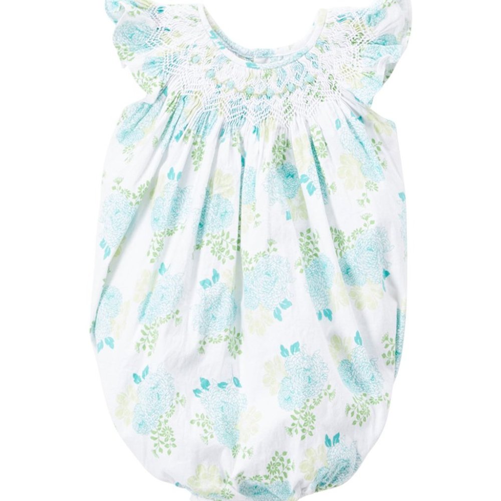 Aqua & Green Floral Smocked Bubble